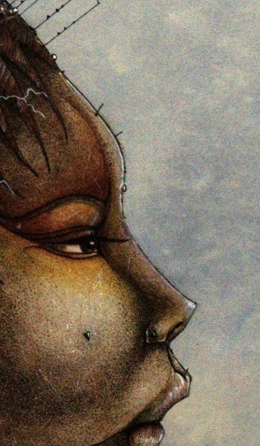 Detail of Asceline by John Blanche: a stippled profile with lightning at the ear